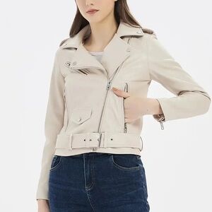 Express Woman’s Small Cream Asymmetrical Neckline Faux Leather Jacket